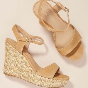 Anthropologie Textured Tan Suede Woven Platform Wedge Sandals Size 9.5
